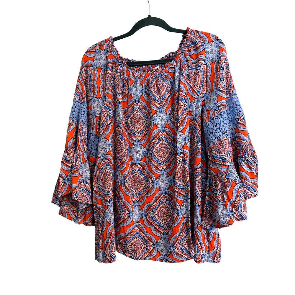 Crown & Ivy Curvy Orange Blue Medallion Bell Sleeve Lace Blouse 1X‎ XL Peasant